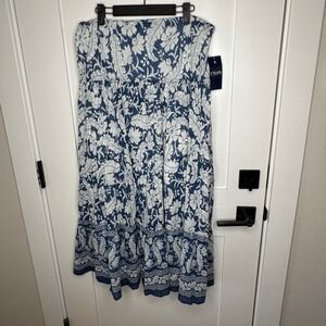 Chaps Floral Tiered Maxi Skirt Long Waist Blue White Paisley Boho NEW Large L